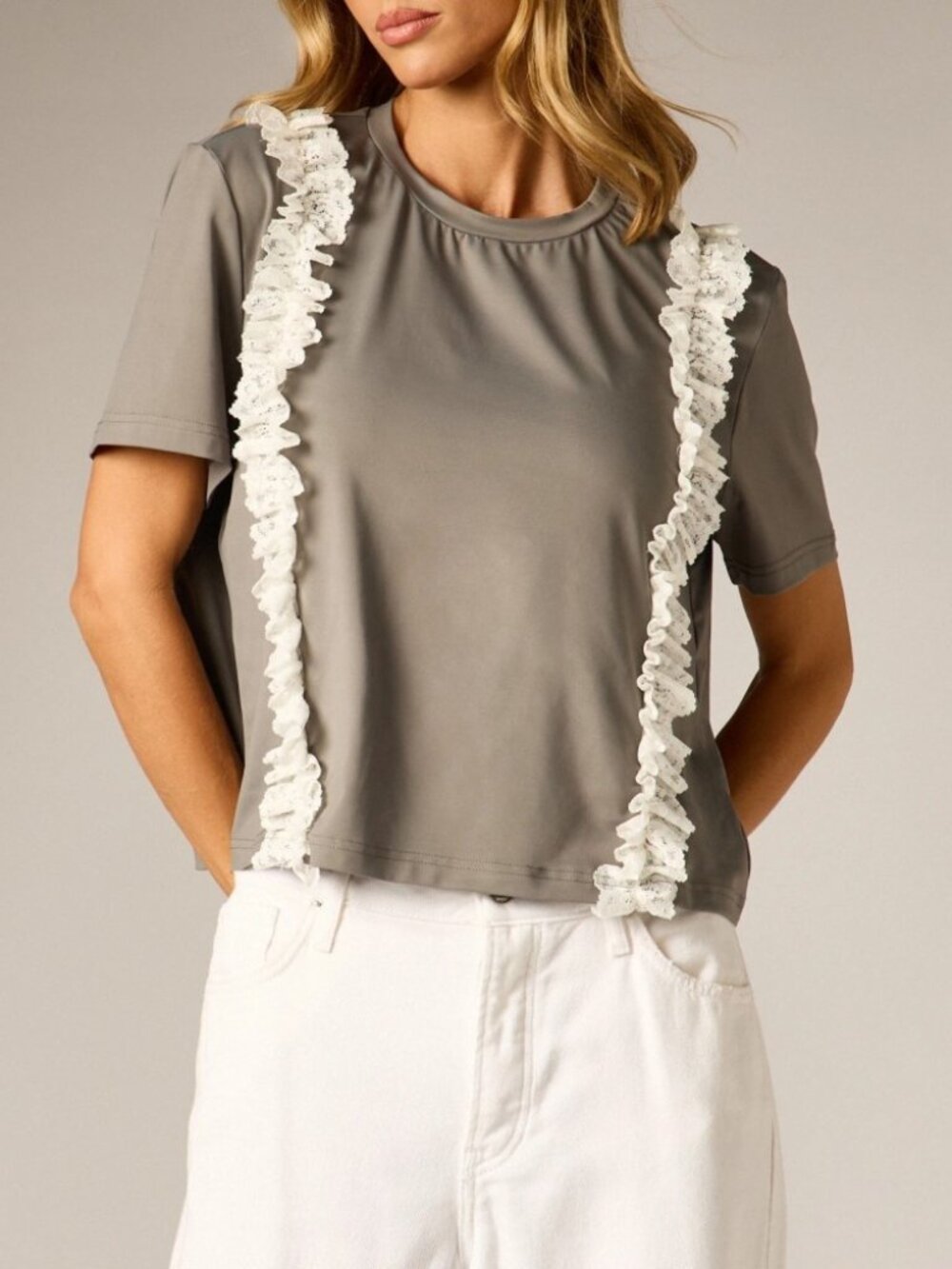 Gray Knit Top with White Eyelet Lace Ruffle Trim